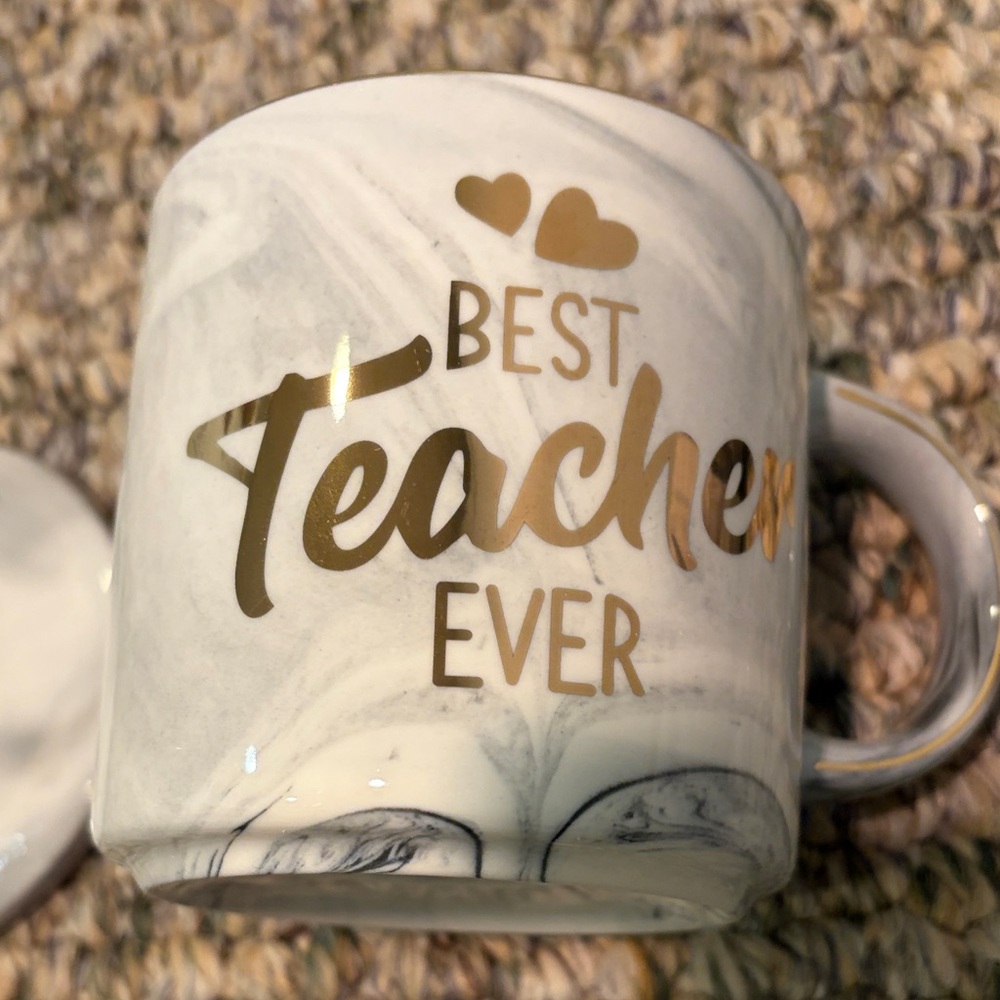 Dolce Vita White Marble "Best Teacher Ever" Gold Lettered Coffee Mug